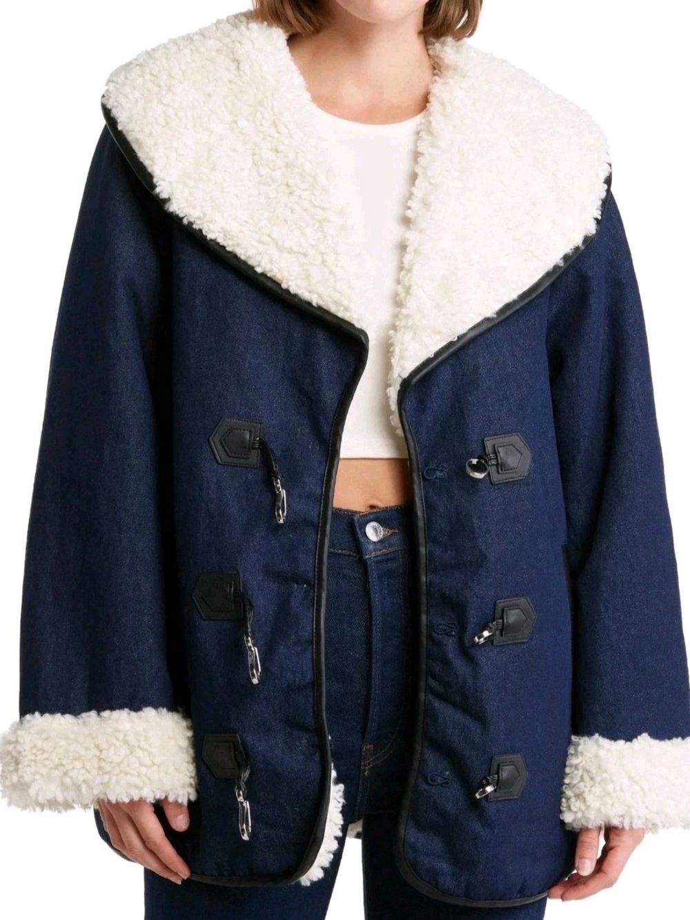 WEWOREWHAT Women's Toggle Sherpa Lined Jacket Raw Denim Size S NWT Coat Leather